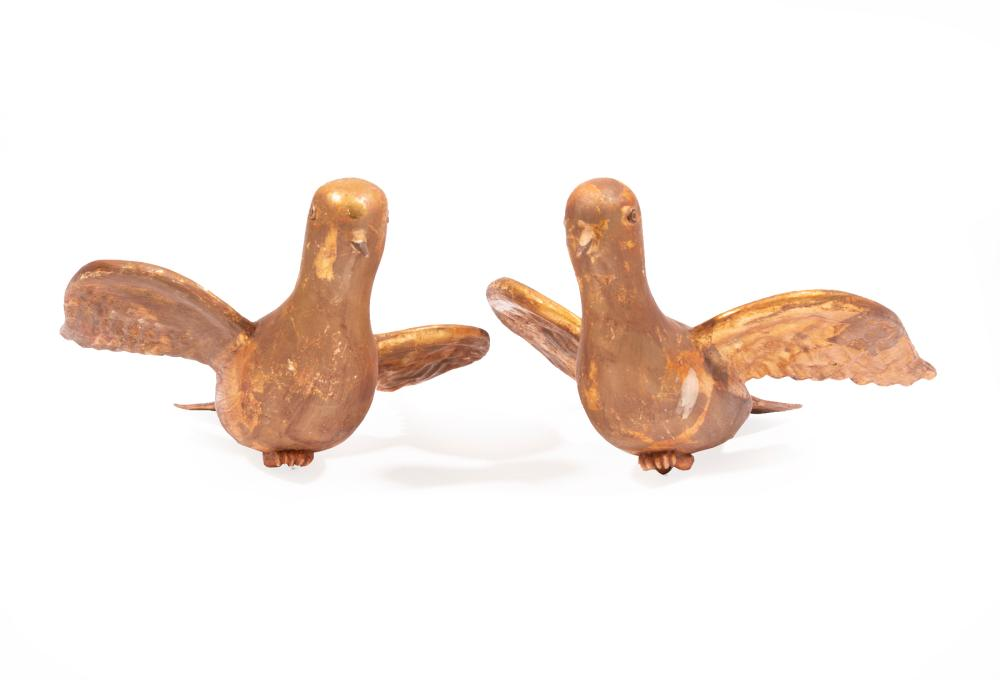 Pair of Painted and Gilt Papier Mache Doves modeled in
