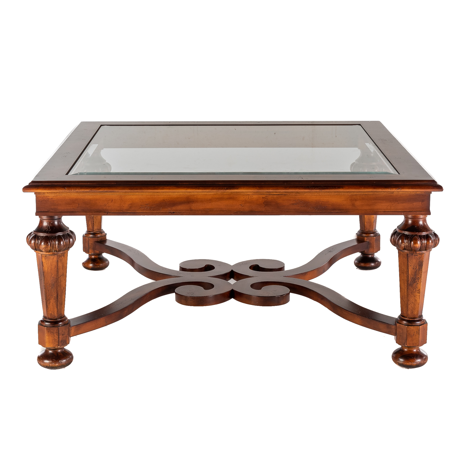 SQUARE MAHOGANY COFFEE TABLE WITH GLASS INSERT 20th century with