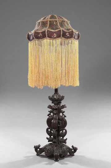 Intricately Carved Chinese Export Dragon and Foo Dog Floor Lamp