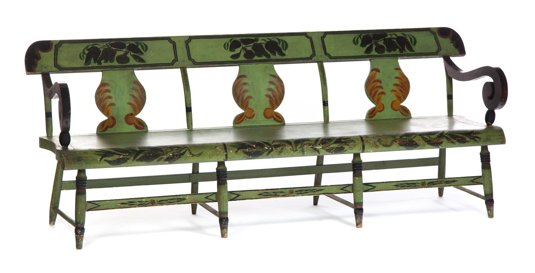 PENNSYLVANIA DECORATED SETTLE BENCH Second quarter 19th century pine Original