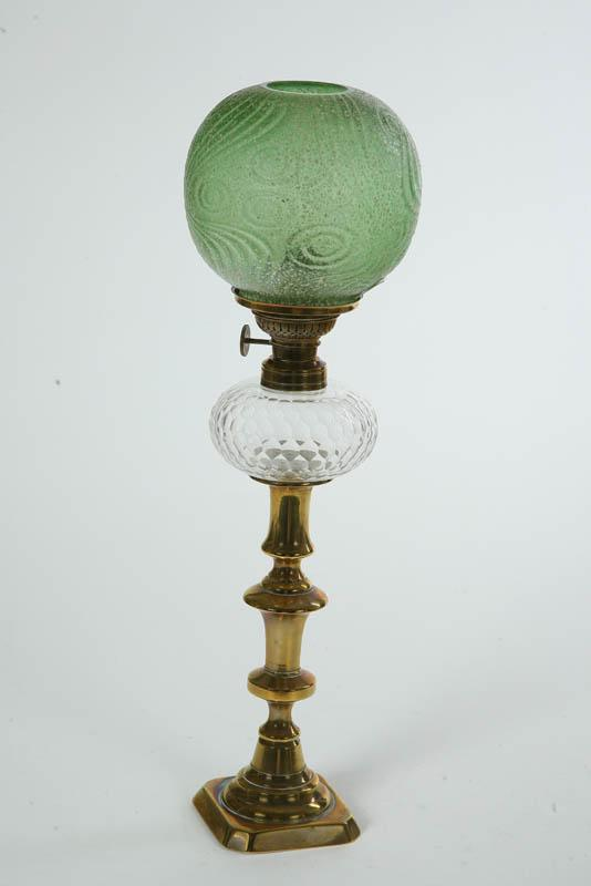 PEG LAMP Brass candlestick with clear diamond pattern font acorn