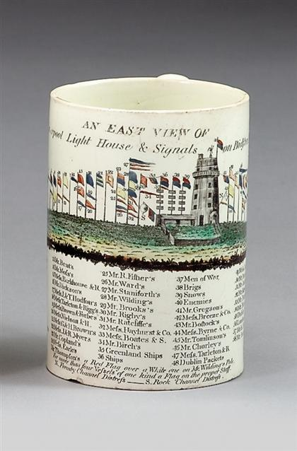 Black transfer printed and polychromed creamware Mug late 18th early