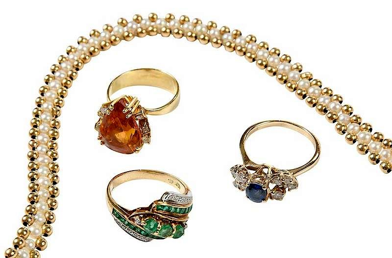 Four Pieces of Gold Diamond Gemstone Jewelry one necklace with
