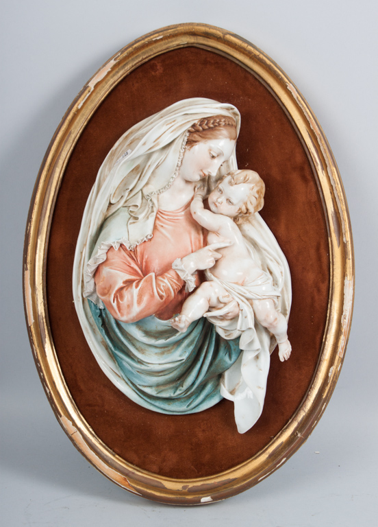 Italian porcelain relief of Madonna and Child Capodimonte in giltwood