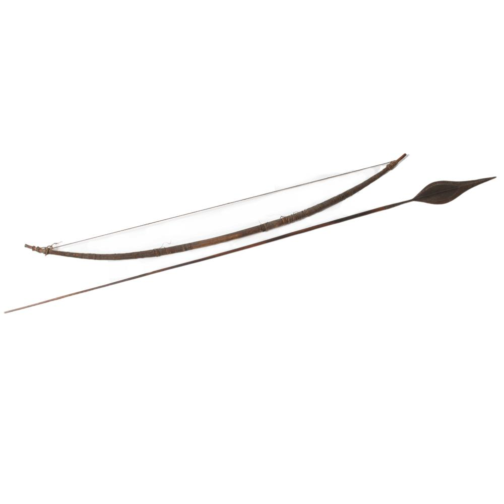AFRICAN WEAPONRY METAL SPEAR ON WOOD SHAFT WITH WOOD BOW