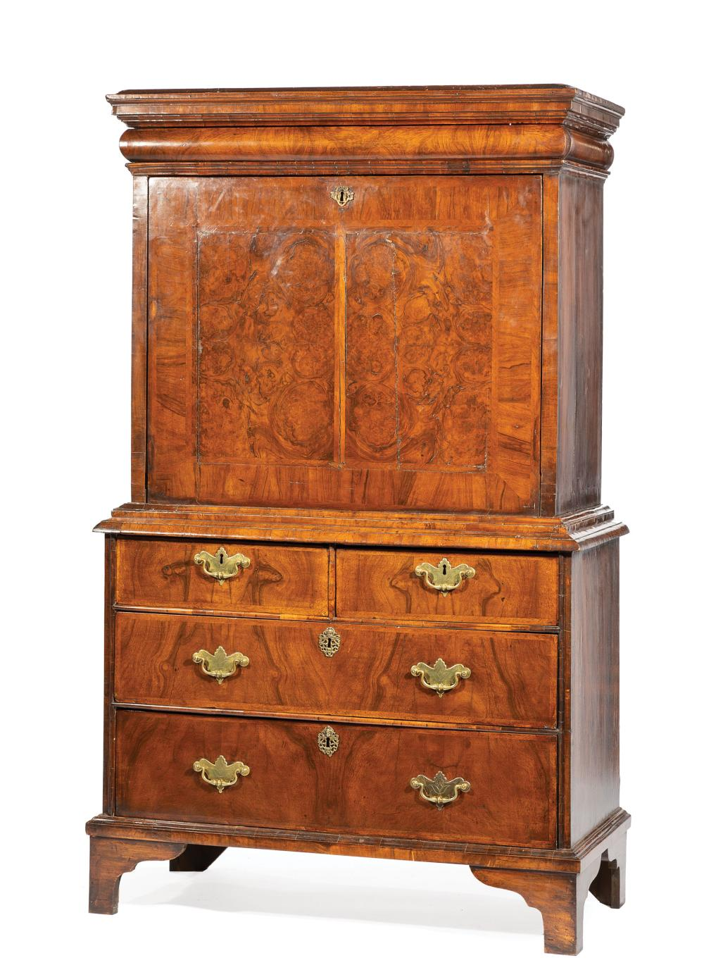 Queen Anne Burl and Figured Walnut Escritoire associated upper case
