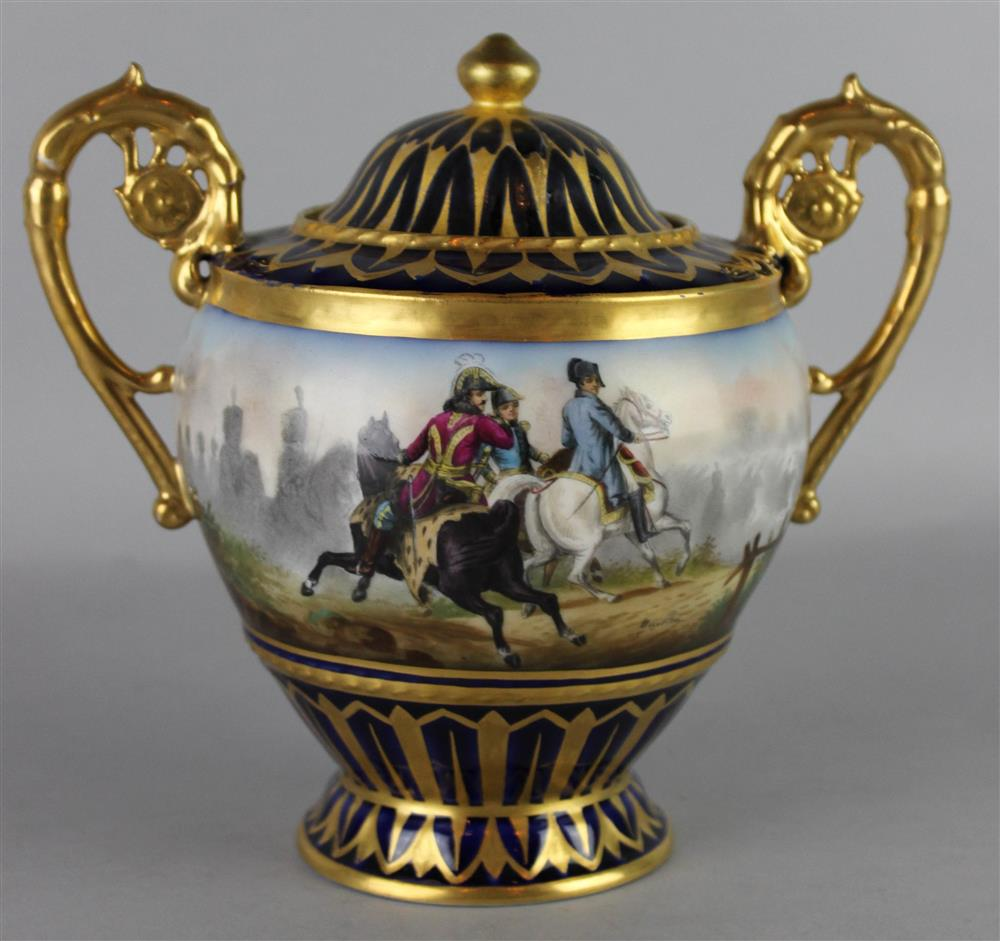 SEVRES STYLE NAPOLEONIC BLUE GROUND TWO HANDLED JAR AND COVER
