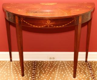 INLAID MAHOGANY DEMILUNE TABLE INLAID MAHOGANY DEMILUNE TABLE H 30