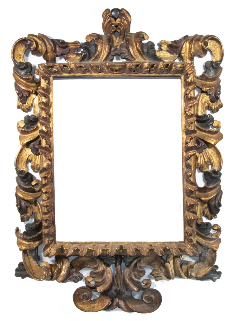 17TH C ITALIAN GILTWOOD AND POLYCHROME FRAME Probably Venetian having
