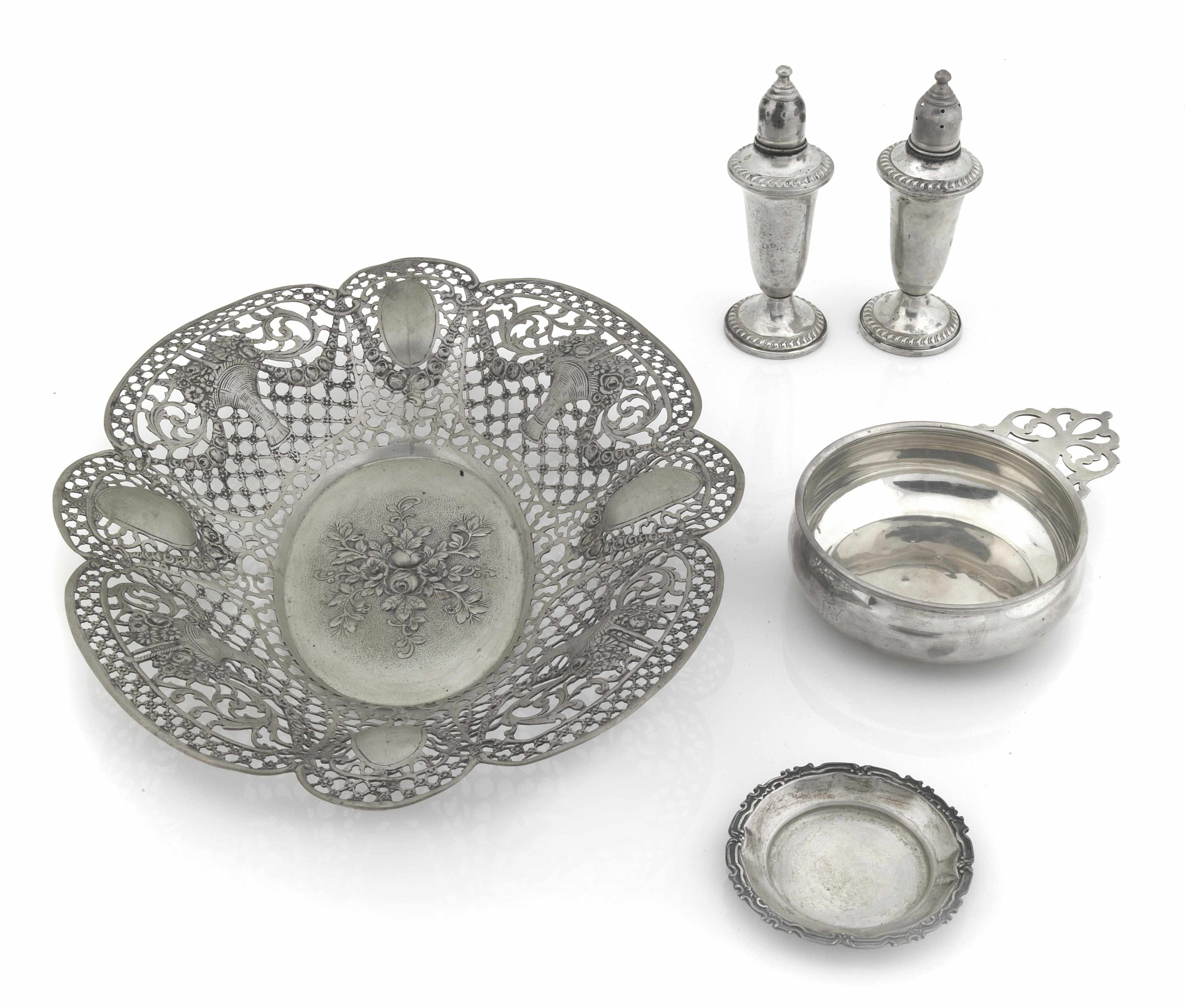 A German 800 standard silver basket with other sterling items