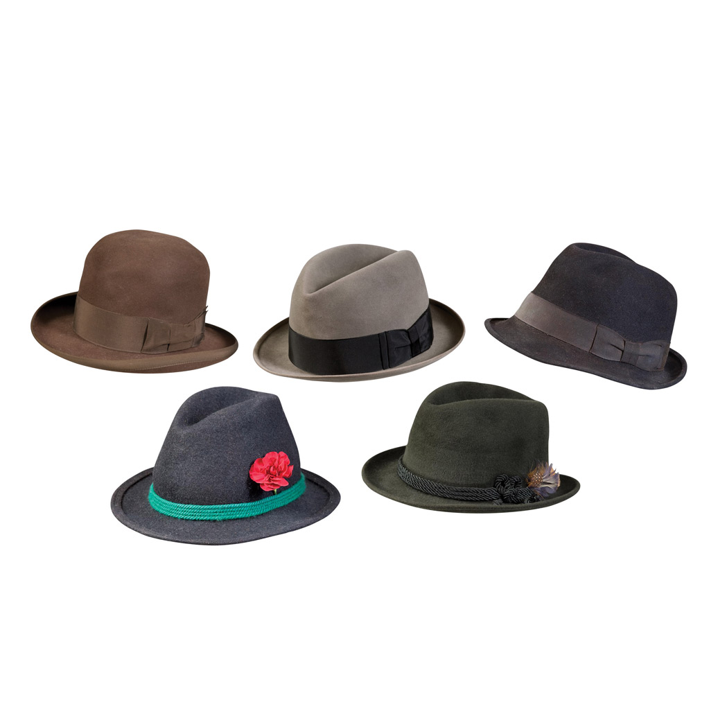 9 Group of Hats Comprising a brown homburg labeled Herbert