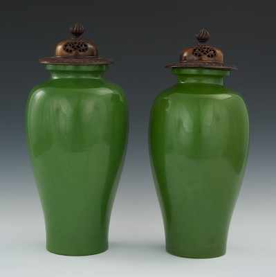 A Pair of Green Japanese Porcelain Vases Signed Kinkozan Tsukuru