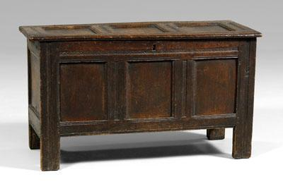 17th century oak joined chest frame and panel construction hinged