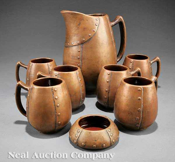 A Clewell Copper Clad Art Pottery Lemonade Set each piece