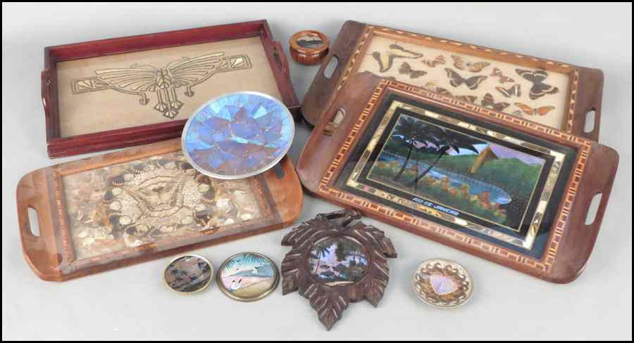 GROUP OF VARIOUS BRAZILIAN BUTTERFLY WING DECORATED OBJECTS Comprised four