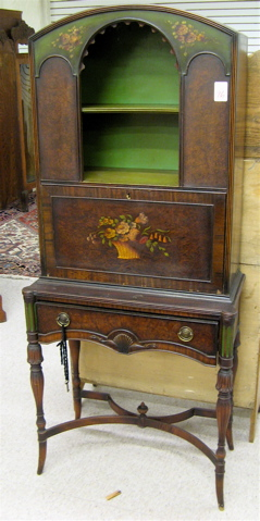 PAINT DECORATED MAHOGANY AND BURL WALNUT WRITING DESK ON STAND