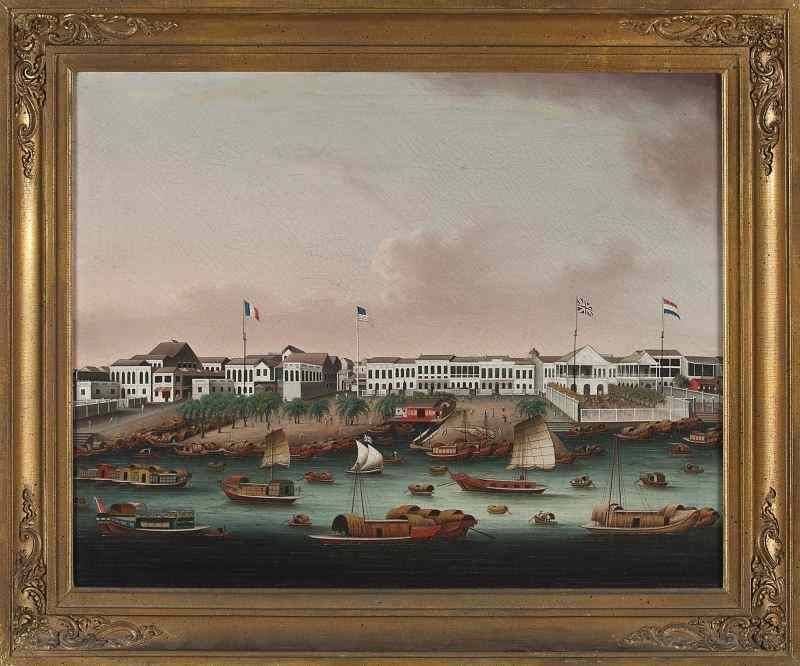Chinese School circa 1840 The Hongs at Cantonoil on canvas