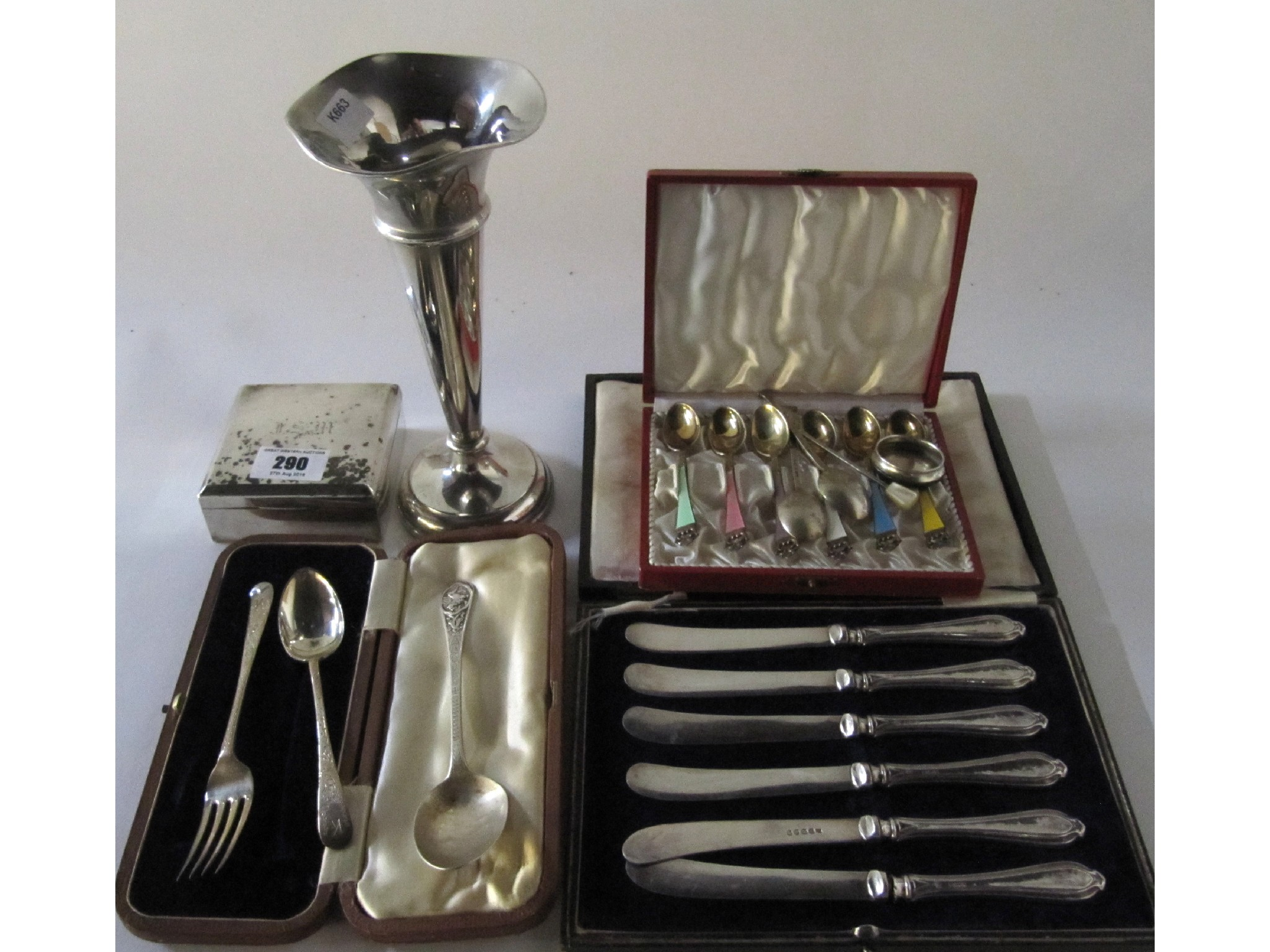 A lot comprising a silver vase cigarette box dessert spoon