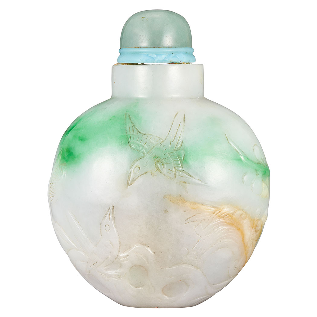 Chinese Jadeite Snuff Bottle 19th Century The well hollowed ovoid