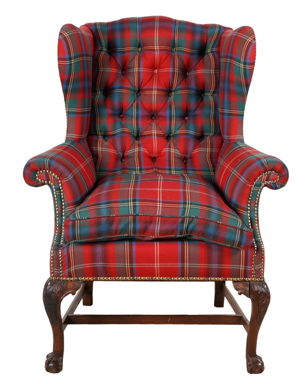 CHIPPENDALE STYLE WINGCHAIRcovered with plaid fabric on carved mahogany frame