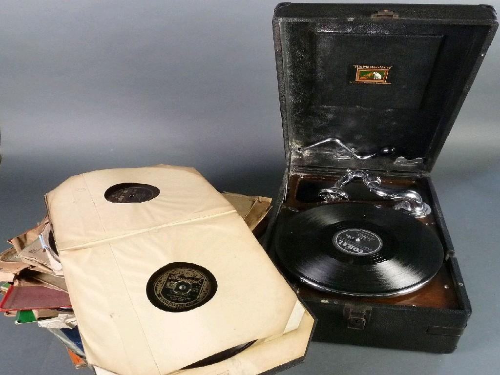 HMV SPRING DRIVEN TABLE TOP GRAMOPHONE in black fabric covered