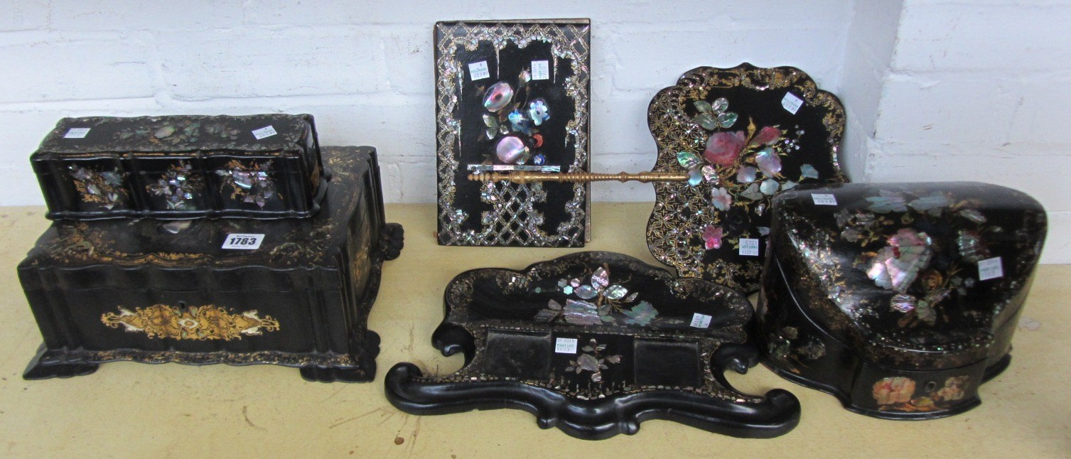 A quantity of Victorian papier mache and mother of pearl