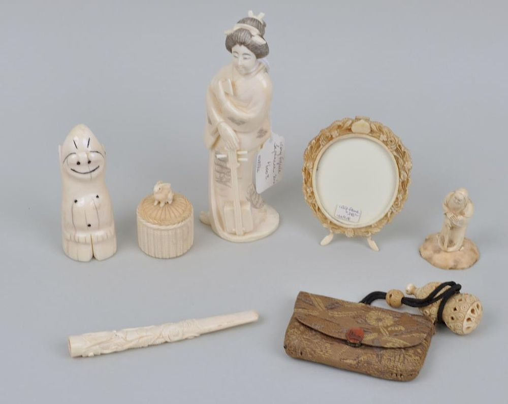 Group Six Small Carved Items comprising a billiken frame Japanese