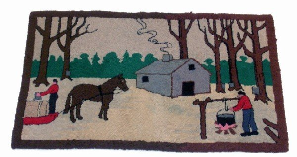 Hooked rug with camp scene Horse drawn sled kettle fire