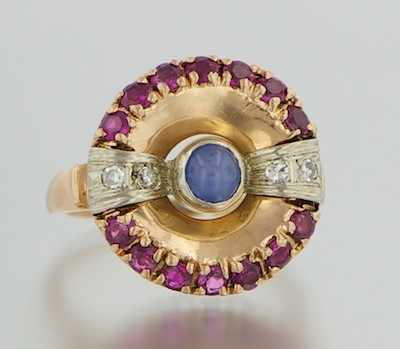 A Retro Star Sapphire Ruby and Diamond Ring 14k rose