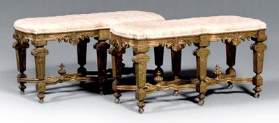 Pair Louis XIV style window benches each with quilted upholstered