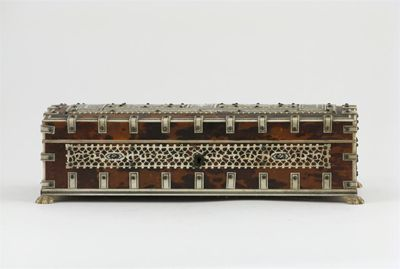 A Middle Eastern ivory stationery box applied with reticulated ivory