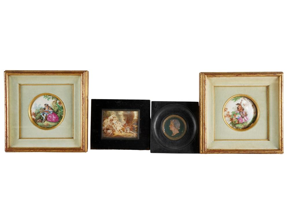 FOUR MINIATUREScomprising a pair of porcelain roundels 3 inches diameter