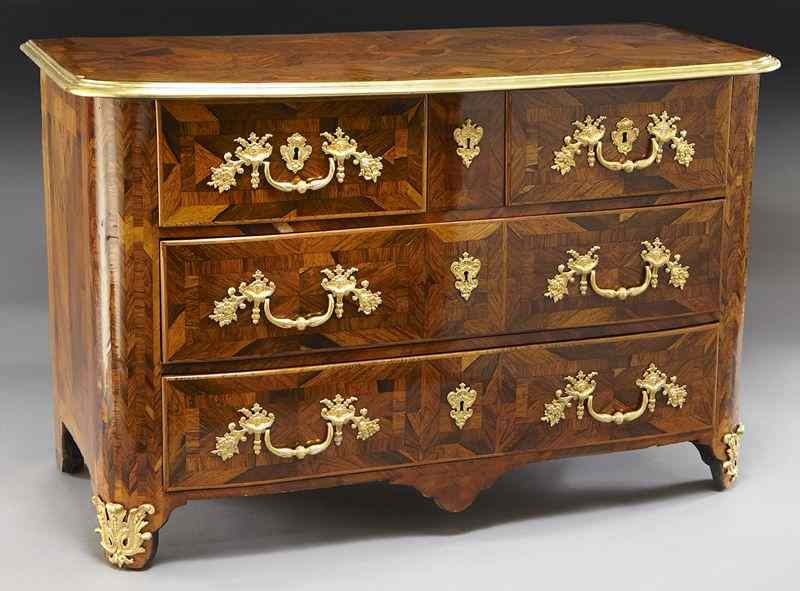 Regence period parquetry inlaid rosewood commodehaving two short and two