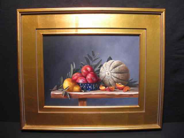 20th century oil on board painting titled Cantaloupe Plums and