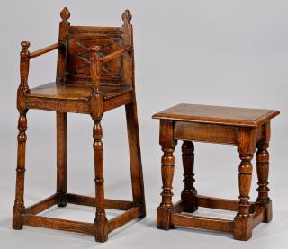 English Jacobean High Chair and small Table stool English Jacobean