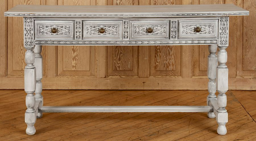 CARVED PAINTED CONSOLE TABLE H FORM STRETCHER A carved and