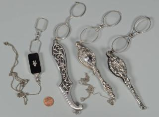 4 Silver Lorgnettes Four silver lorgnettes or folding eye glasses