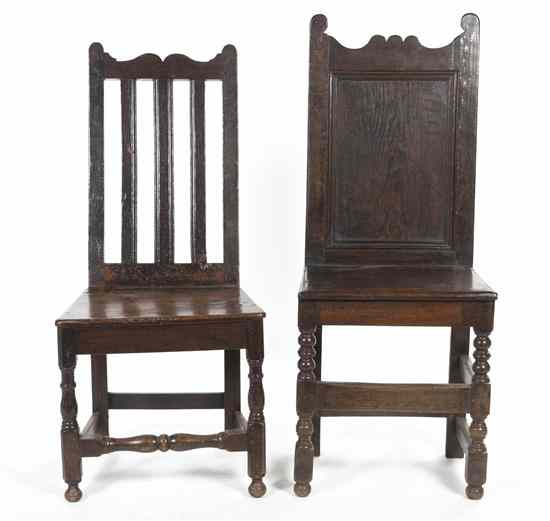 Two Jacobean Style Oak Hall Chairs one having three vertical
