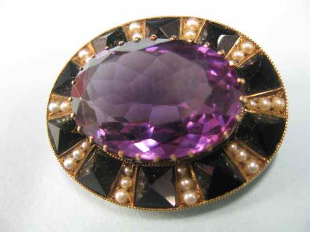 Amethyst Seed Pearl Black Onyx Brooch oval 20 carat gem