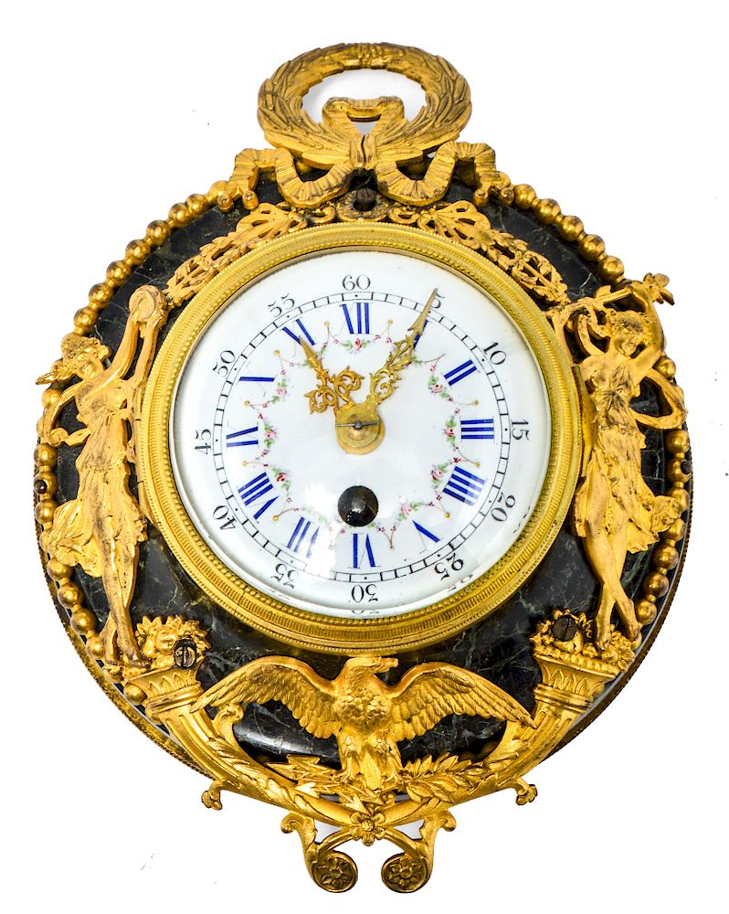 French Gilt Bronze Marble Enamel Dial Table Clock French gilt
