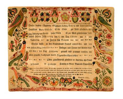 Fraktur Taufschein for Johann Diederly Frederick Maryland printed and decorated