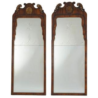 Pair Queen Anne parcel gilt mahogany pier mirrors Pair Queen