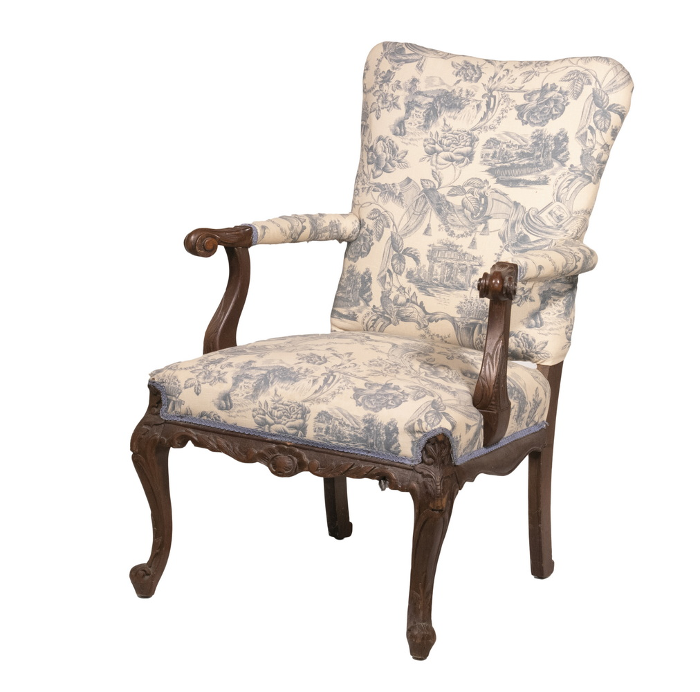 CUSTOM LOUIS XIV ARMCHAIR IN BLUE AND WHITE COTTON UPHOLSTERY
