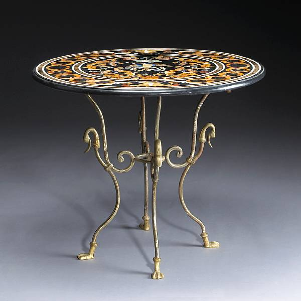 A Directoire style pietra dura polished steel and brass table