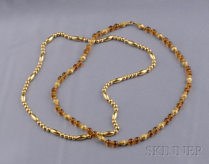 Two Art Nouveau Gold Bead Necklaces one of citrine beads
