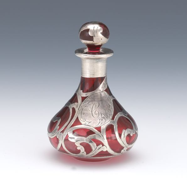 PERFUME BOTTLE WITH SILVER OVERLAY 4 x 2 Ruby crystal