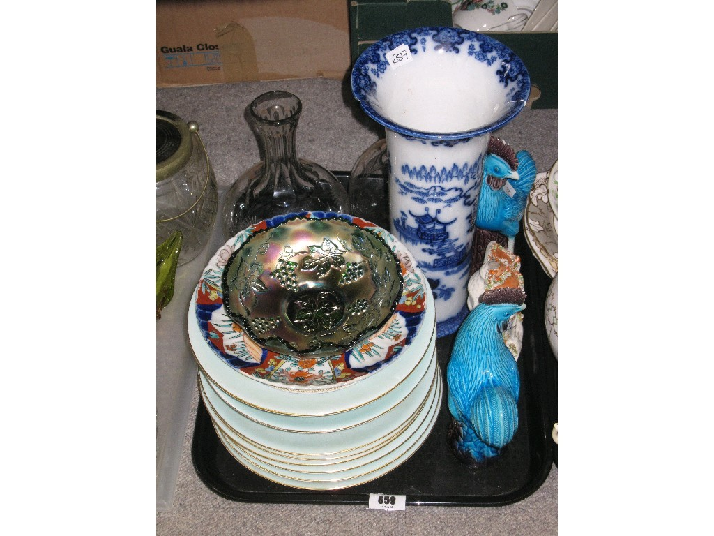 Tray lot of assorted items to include glass decanters carnival