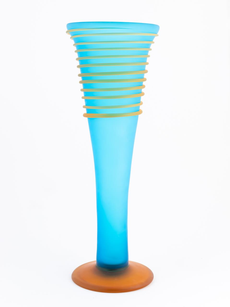 BLUE TALL ART GLASS VASE ORANGE BASE SWIRL Tommie Rush