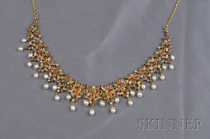 18kt Gold Pearl and Gem set Necklace designed as hinged