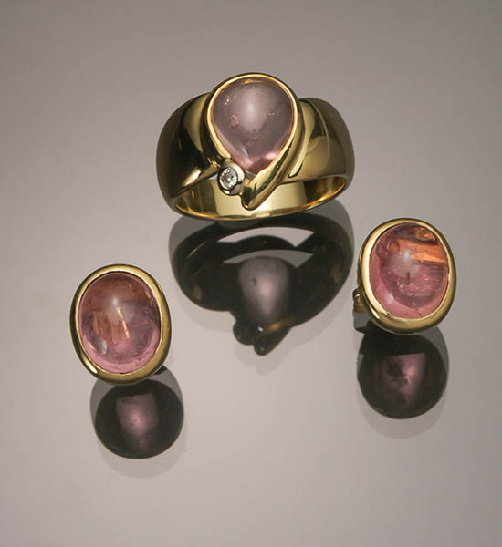 18 Karat Yellow Gold Pink Tourmaline Three Piece Ensemble Consisting